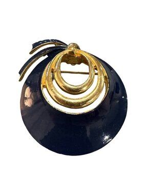 Vintage Brooch Gold Tone Navy Blue Enamel Circular Brooch Ribbon Accent Womens